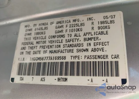 2007 Honda Accord Ex from USA, damaged, VIN 1HGCM56777A169568